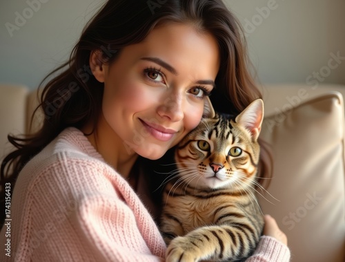Wallpaper Mural Young woman holds a tabby cat close with a gentle smile Torontodigital.ca