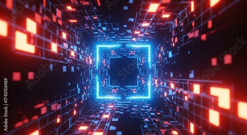 Enter futuristic neon data tunnel, digital network flow and innovation