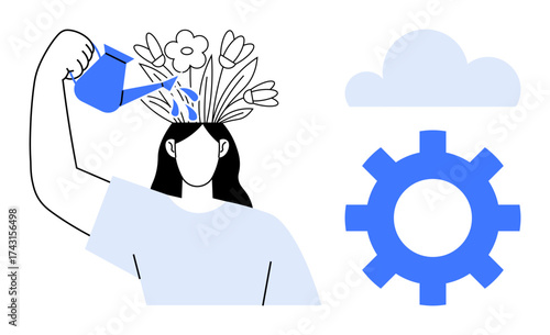 Person pouring water over blooming flowers on head surrounded by cloud and gear imagery. Ideal for mental health, creativity, growth, self-care, productivity, innovation, and positive thinking