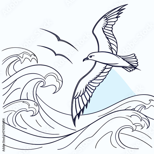 A solitary seagull soars gracefully above stylized ocean waves under a clear sky with distant birds