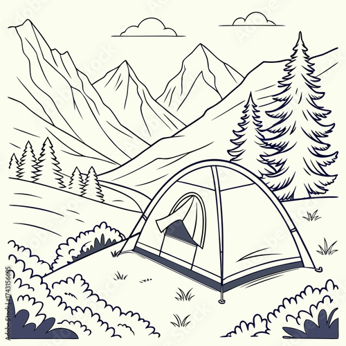 A simple line drawing of a tent set up in a scenic mountain valley with pine trees and clouds in the sky