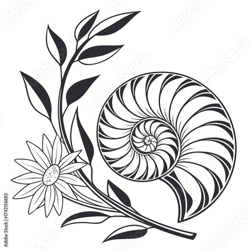 Elegant black and white illustration of a nautilus shell spiral with delicate floral elements and leaves on a white background