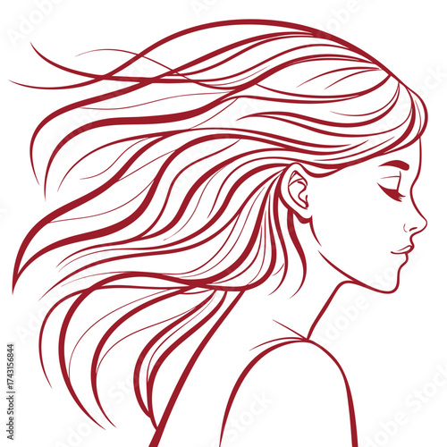 Elegant profile of a woman with flowing red hair against a white background a minimalist line art illustration conveying beauty and grace