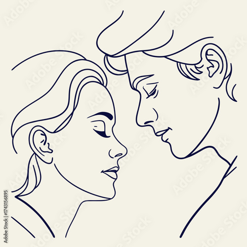 Minimalist line art drawing of a couple s faces close together expressing intimacy and affection