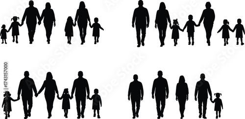 Silhouette of families walking together holding hands, parents and children vector illustration showing unity, love, bonding, and family connection