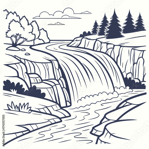 Stylized illustration of a majestic waterfall cascading down rocky cliffs surrounded by lush trees and a winding river under a cloudy sky