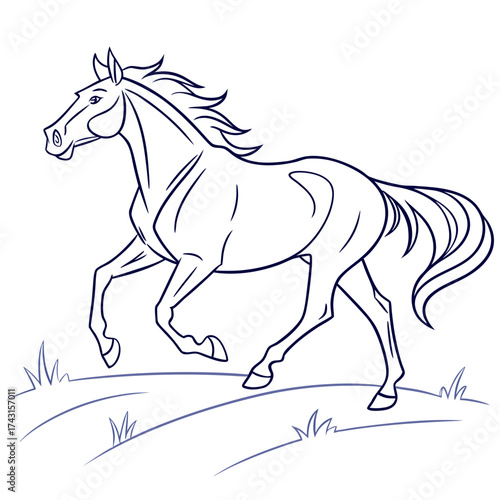 Stylized outline drawing of a majestic horse galloping across a grassy field with flowing mane and tail