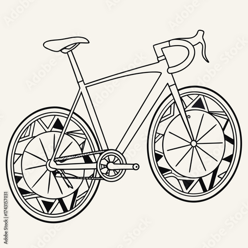 Stylized outline drawing of a modern road bicycle with intricate geometric patterns on its wheels against a plain background