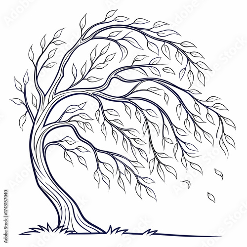 Stylized outline drawing of a tree with flowing branches and leaves bending in the wind set against a white background