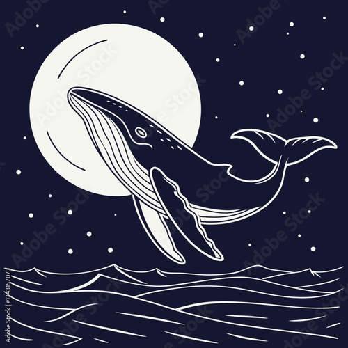 Whimsical illustration of a humpback whale breaching the ocean waves under a large bright full moon surrounded by stars
