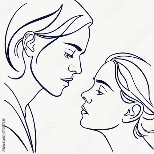 Two faces in profile looking at each other with intense emotion in a minimalist line art style