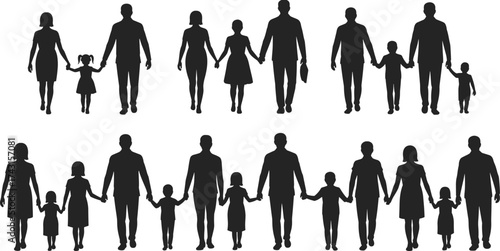 Silhouette of families walking together holding hands, parents and children illustration showing love, unity, bonding, togetherness, and family relationship concept