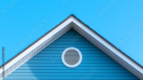 Elegant Blue Residential Roof Peak with Circular Vent under Clear Sky, Generative AI