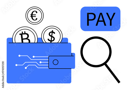 Wallet holding Bitcoin, Euro, Dollar coins, circuit details, magnifying glass, and Pay. Ideal for fintech, online transactions, cryptocurrency payment security e-wallets finances digital banking