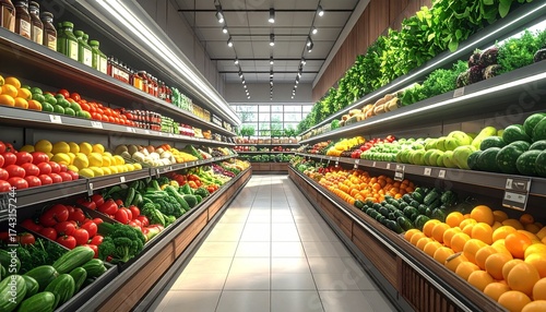 Fresh Fruits and Vegetables in Modern Supermarket Produce Aisle
