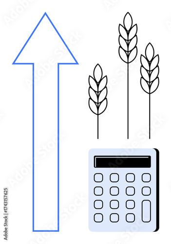 Calculator and growing wheat stalks beside upward arrow representing agricultural productivity, economic growth, and profit. Ideal for farming, economy, sustainability, investment, analytics, yield