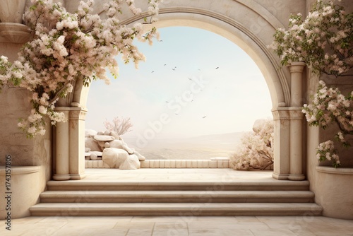Beige Stone Arch Niche with Steps and Blossoms