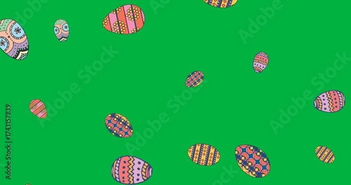 Digital animation of colorful decorative easter eggs icons falling against transparent background