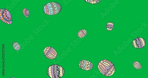 Digital animation of colorful decorative easter eggs icons falling against transparent background