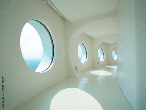 White curved hallway with round windows and ocean view