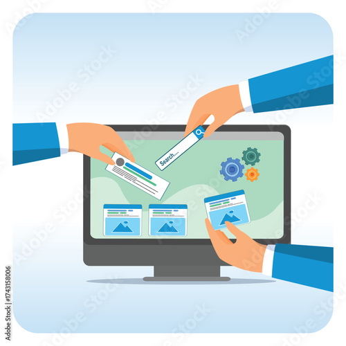 Customizable software development concept. Businessman Build website with template customization.