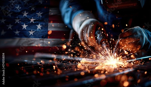 Industrial Welding with Sparks Against an American Flag Overlay in Dark Blue Tones