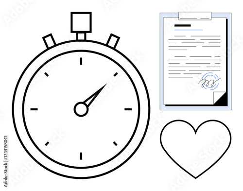 Stopwatch, signed document, and heart symbol emphasize time, commitment, and care. Ideal for deadlines, agreements, time management, trust healthcare productivity simple flat metaphor