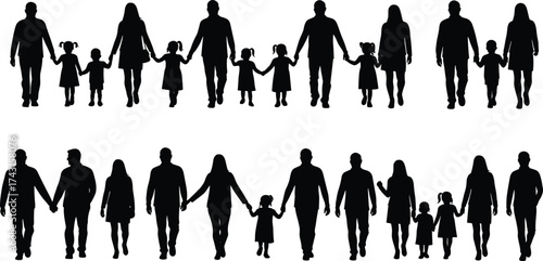 Silhouette of families walking together holding hands, parents and children vector illustration symbolizing love, unity, togetherness, support, and happiness