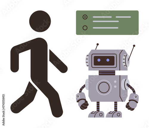 Human figure walking near a robot featuring a chat dialogue box, symbolizing AI-human collaboration. Ideal for technology, robotics, AI ethics, innovation, automation, futurism, digital
