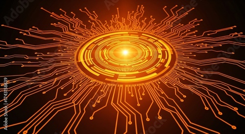 Vibrant circuit board glow radiates futuristic technology data flow