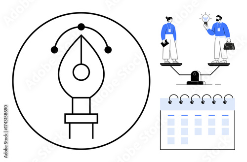 Pen tool representing creativity, balanced scales with professionals symbolizing equality, and calendar for planning. Ideal for design, creativity, teamwork, balance, organization, productivity