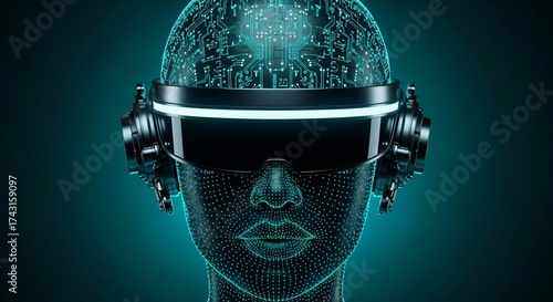 Futuristic AI head with glowing circuits and VR headset