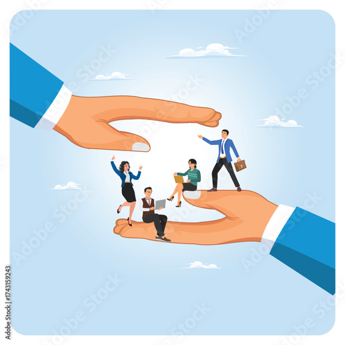Employee care concept. Businessman hands cover working employees with care.