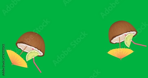 Multiple coconut cocktail icons falling with copy space on transparent background