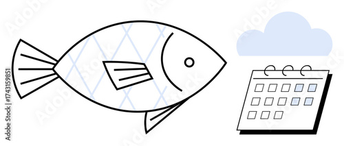 Fish with grid-patterned design alongside a calendar and a cloud, symbolizing productivity, scheduling, planning, sustainability, environment, aquaculture, and cloud technology. Simple flat metaphor