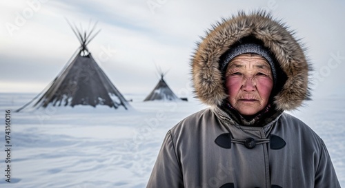 Resilient elder in arctic landscape with traditional dwellings behind