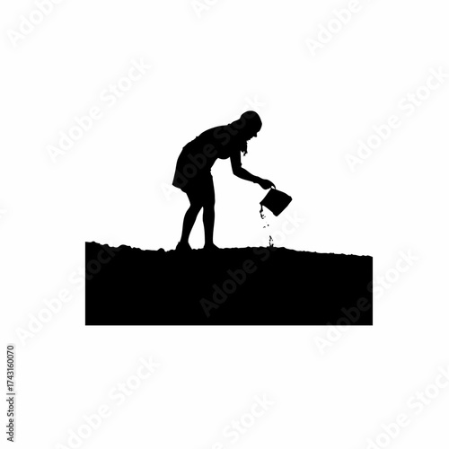 Silhouette of a woman sowing seeds in a paddy field isolated on white background
