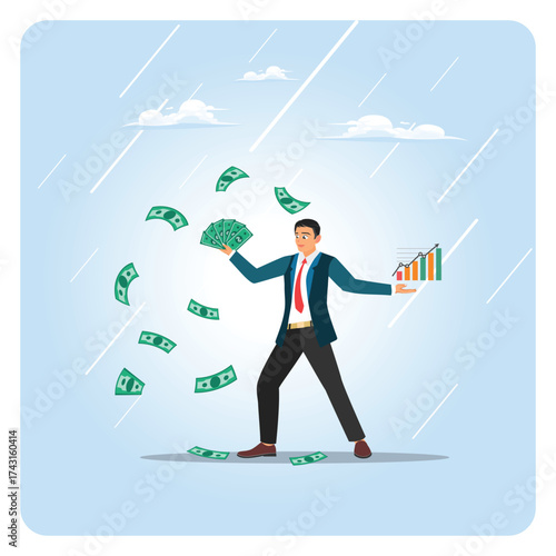success investor concept. Happy businessman with money in his hands and money floating.