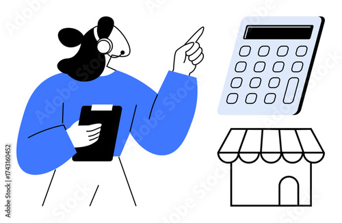Woman with headset holding a clipboard, pointing at a large calculator next to a store icon. Ideal for retail, customer support, small business, finance, management, problem-solving, simple flat