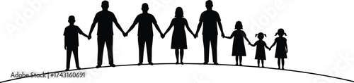 Silhouette of large family standing together holding hands on hill representing unity, love, togetherness, parenting, support, bonding, and connection