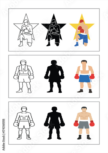 Boxing Champion Vector Illustrations With Outline,Silhouette,And Flat Color Styles For Graphic Design