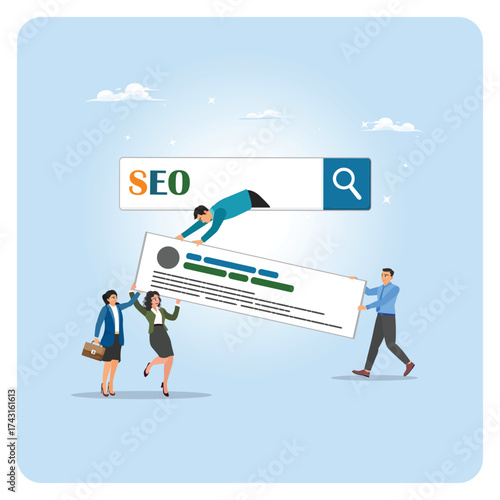 Search engine optimization concept to help website reach top ranking in search result page.