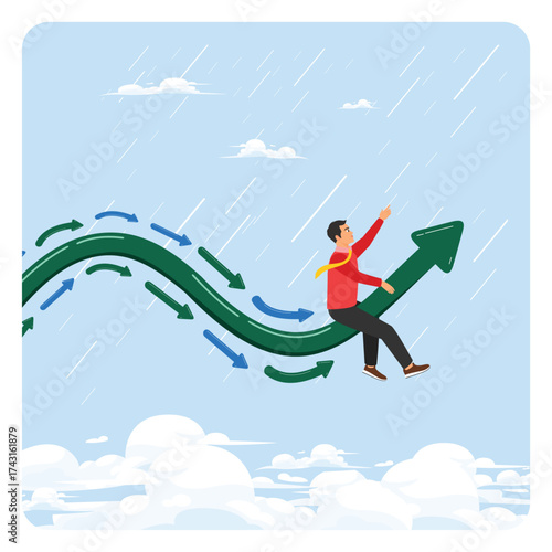 Leading direction concept. Businessman riding trend arrow followed by small followers.