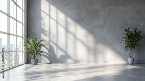 modern minimal room with tall windows, sunlight illuminating gray wall and neutral-tone floor, calm aesthetic for branding or design layout