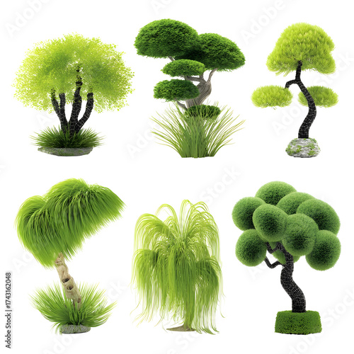 Collection of stylized ornamental trees and bushes with transparent background