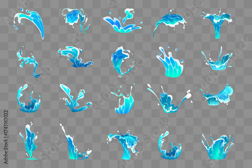 Realistic Blue Water Splash Elements Set – Cartoon Liquid Motion Collection