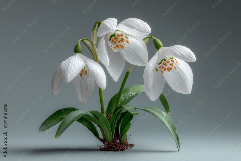 Fototapeta premium Elegant snowdrops grace a glistening mist-laden field. Fashion beauty. Snowdrops and spring blooms illuminate a misty white canvas. Editorial style. Clean retouch.