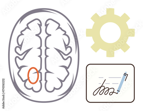 Brain with highlighted region, gear for cognition, pen marking a signature. Ideal for neuroscience, handwriting process, cognitive processes, mental functions, education, motor skills simple flat