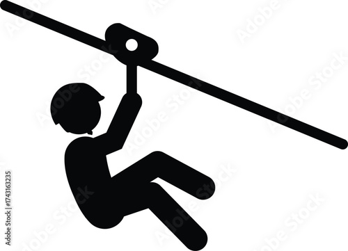 zipline icon with person hanging on cable. zipline adventure high flying sign. forest zipline symbol. flat style.
