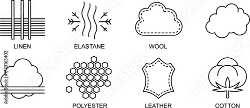Fabric types vector icons set linen cotton wool polyester textile